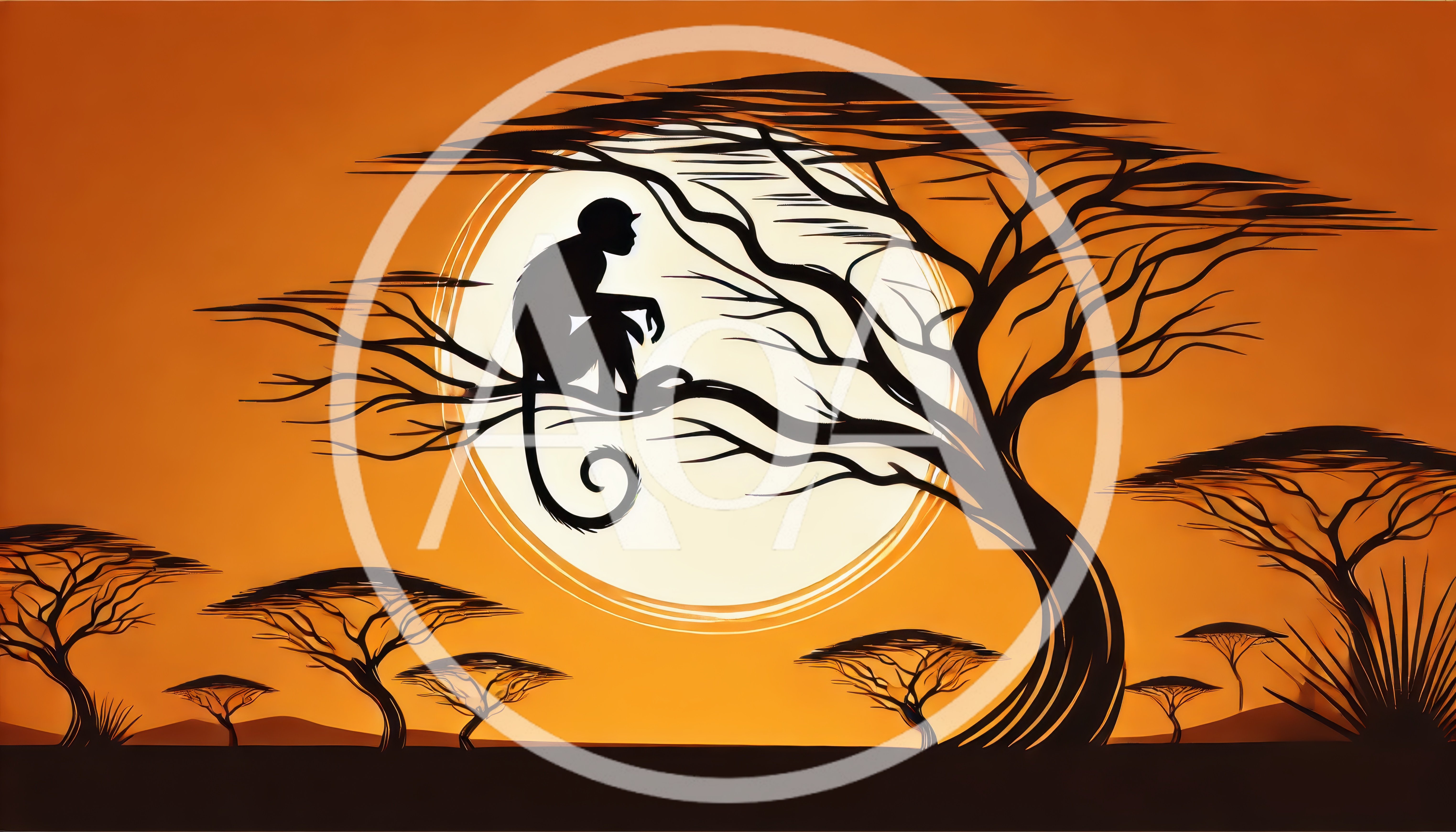 Silhouette Of A Monkey Sitting In An Acacia Tree