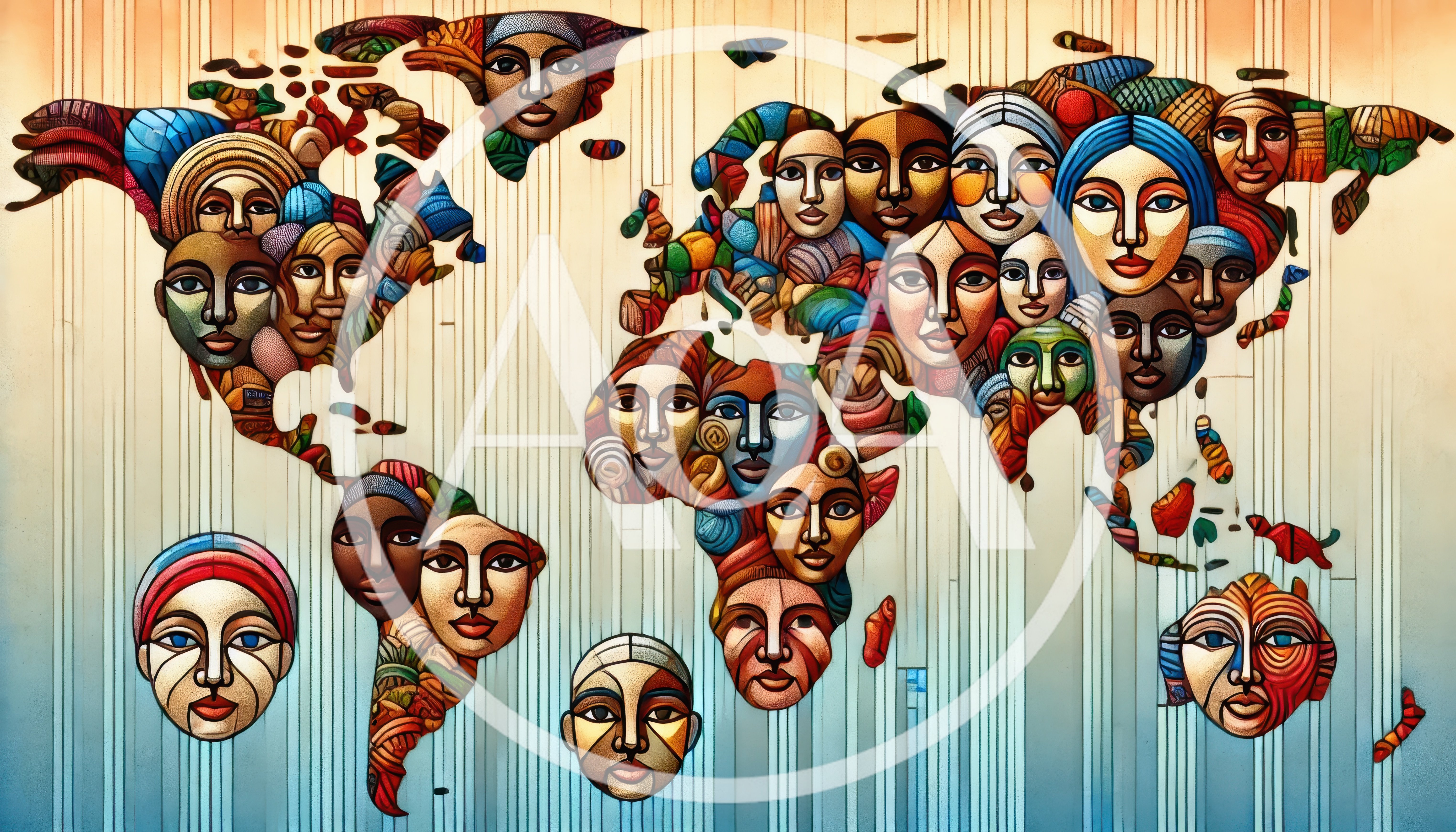 Stylized World Map Composed Of Diverse Human Faces