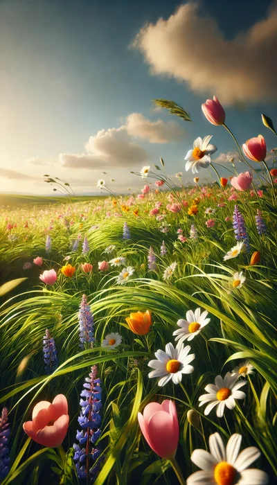Vibrant Wildflower Meadow Under A Golden Sunset Sky