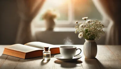 Steaming Cup Of Coffee With Book And Flowers