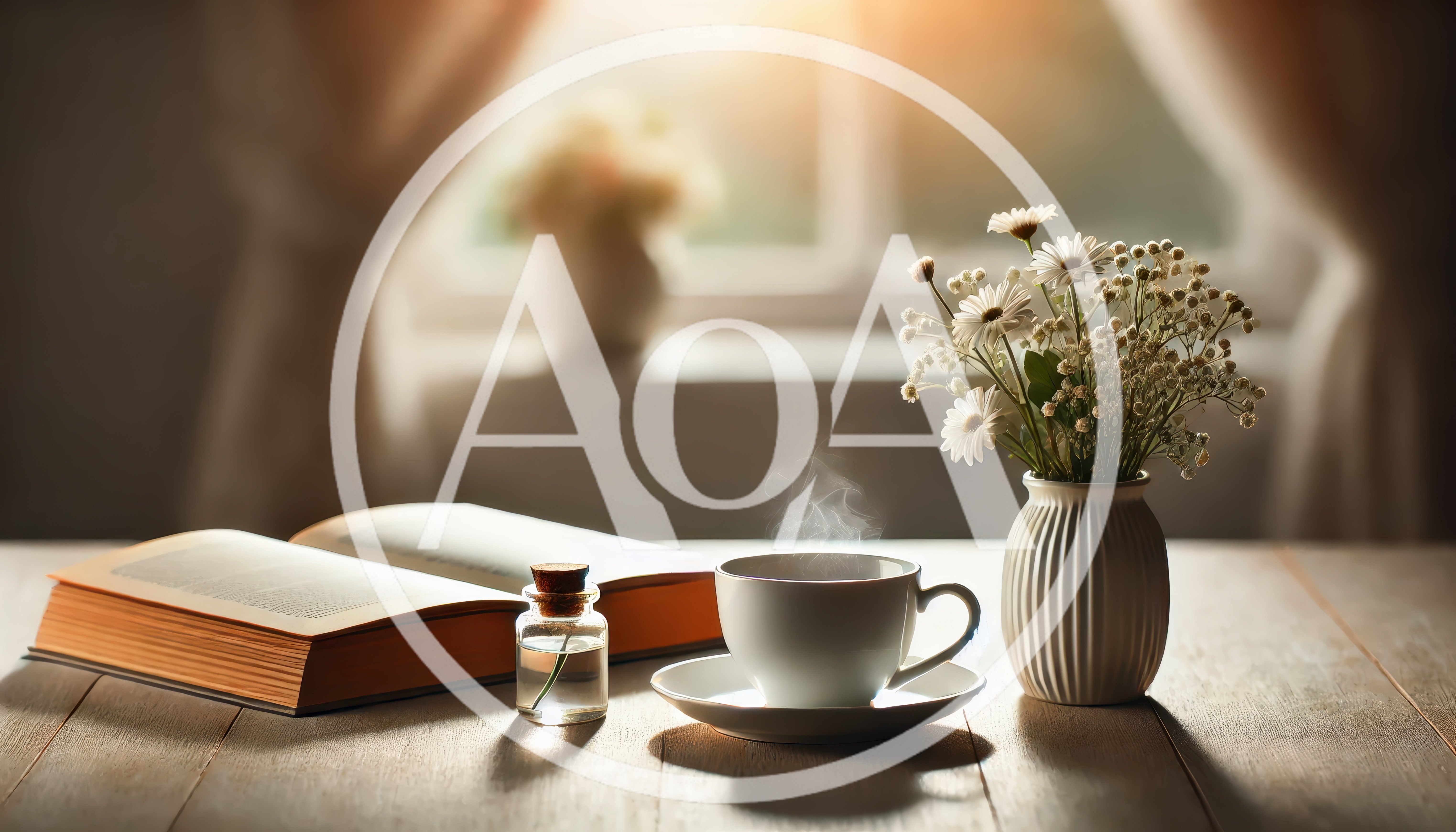 Steaming Cup Of Coffee With Book And Flowers