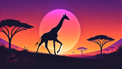 Silhouette Of A Giraffe Walking In African Savannah Sunset