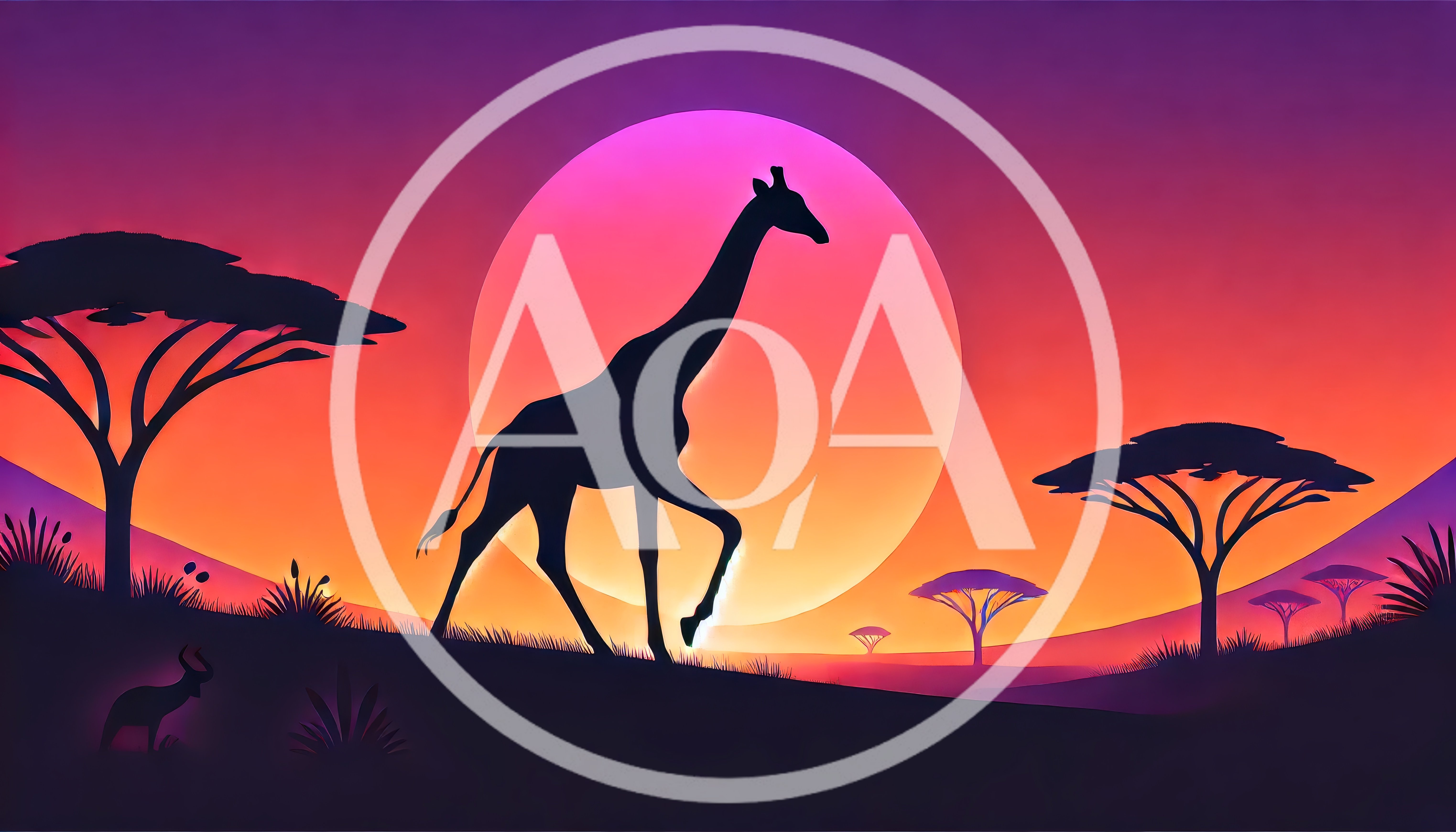 Silhouette Of A Giraffe Walking In African Savannah Sunset