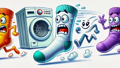 Cartoon Socks Running Away From A Washing Machine