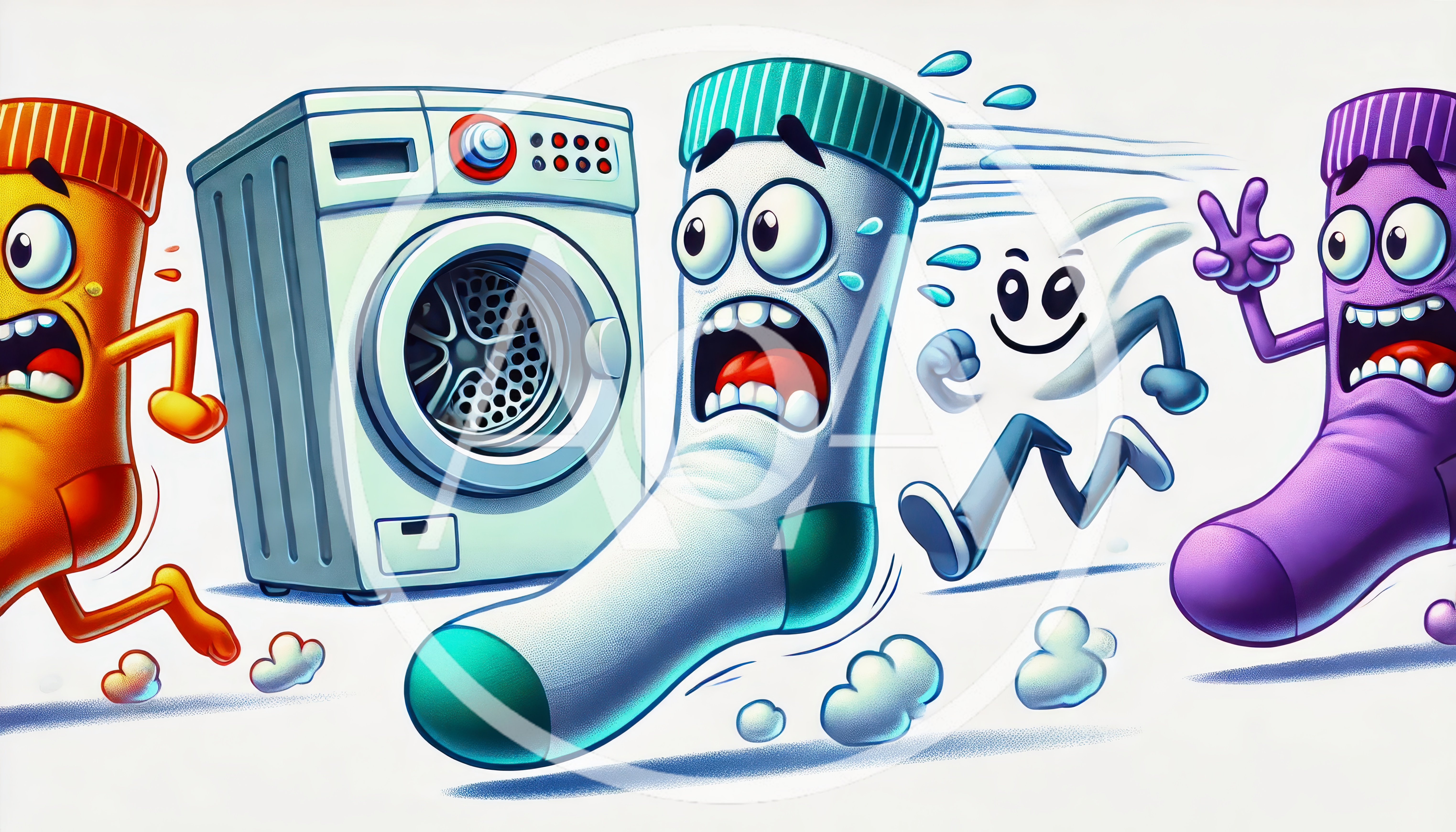 Cartoon Socks Running Away From A Washing Machine
