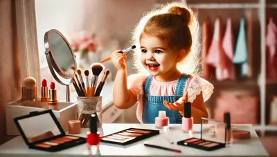 Little Girl Playing With Makeup At Vanity