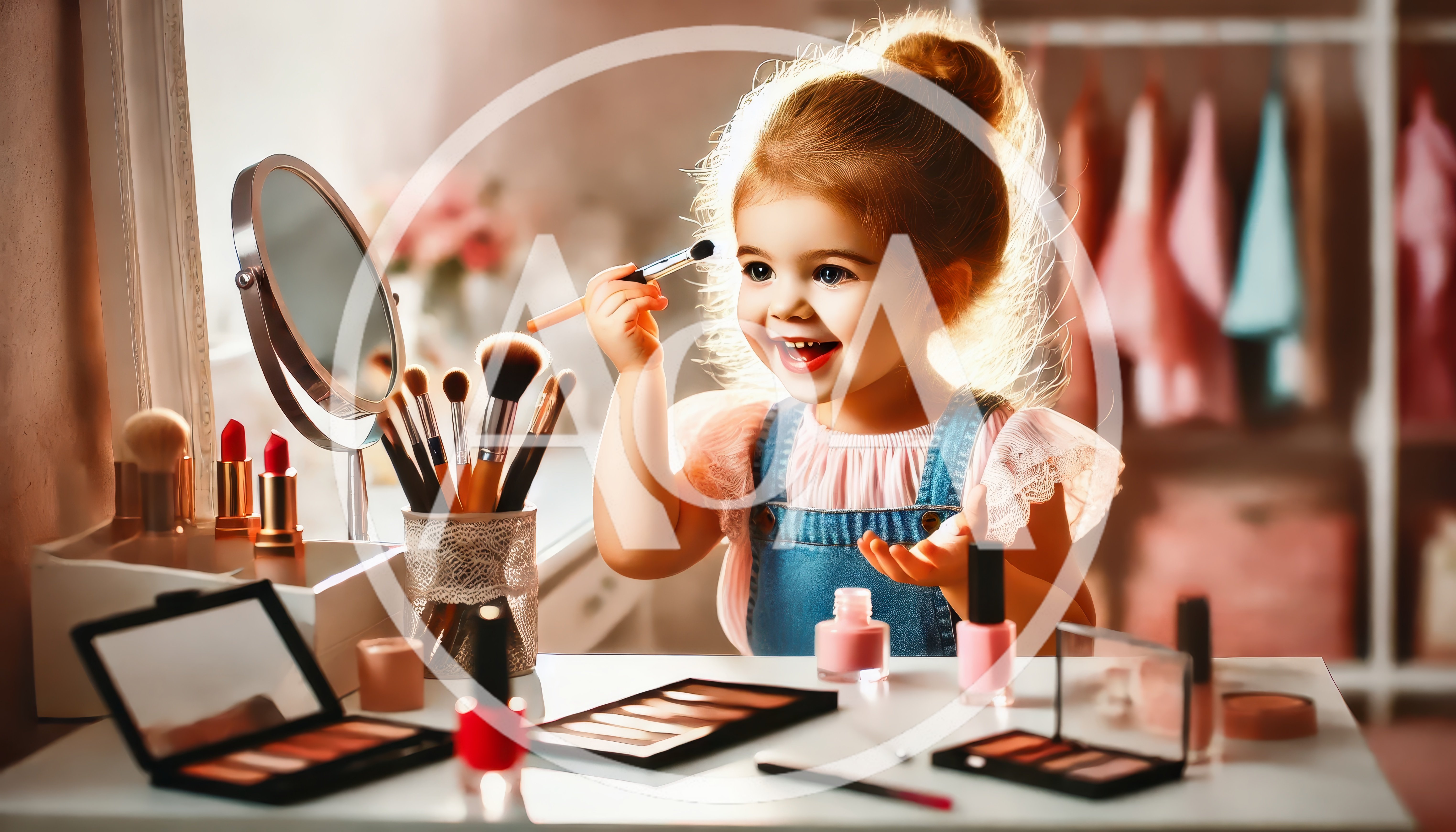 Little Girl Playing With Makeup At Vanity