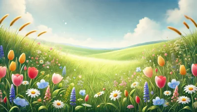Vibrant Spring Meadow With Colorful Tulips And Wildflowers