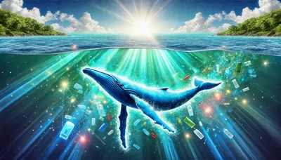 Blue Whale Swimming Through Ocean Plastic Pollution