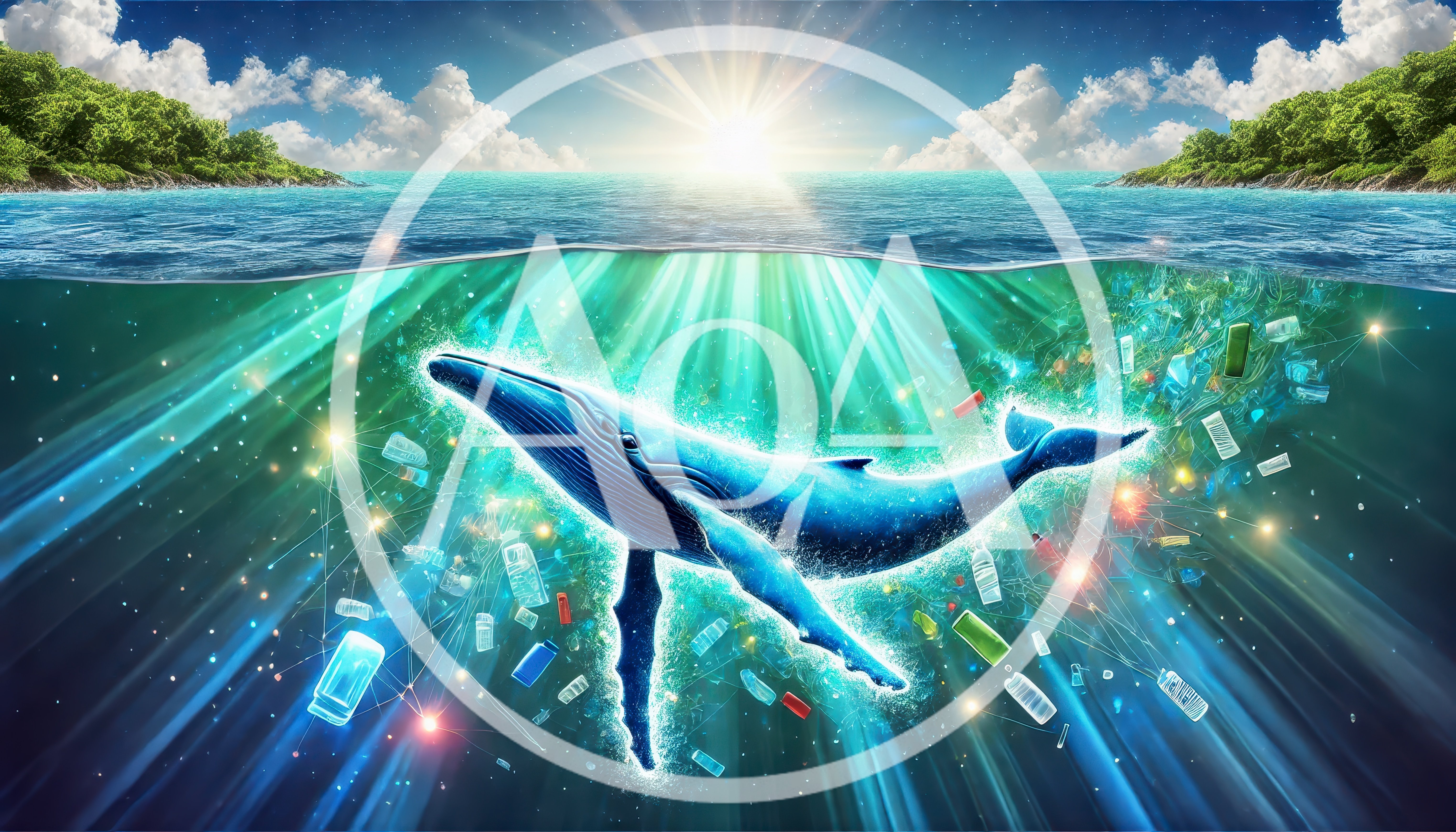 Blue Whale Swimming Through Ocean Plastic Pollution