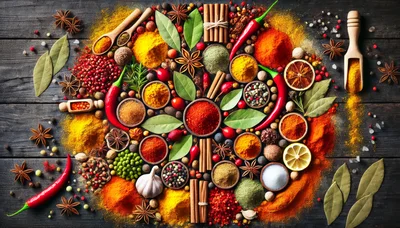 Assorted Spices and Herbs on Dark Wooden Table