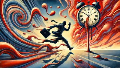Surreal Businessman Running Toward A Melting Alarm Clock