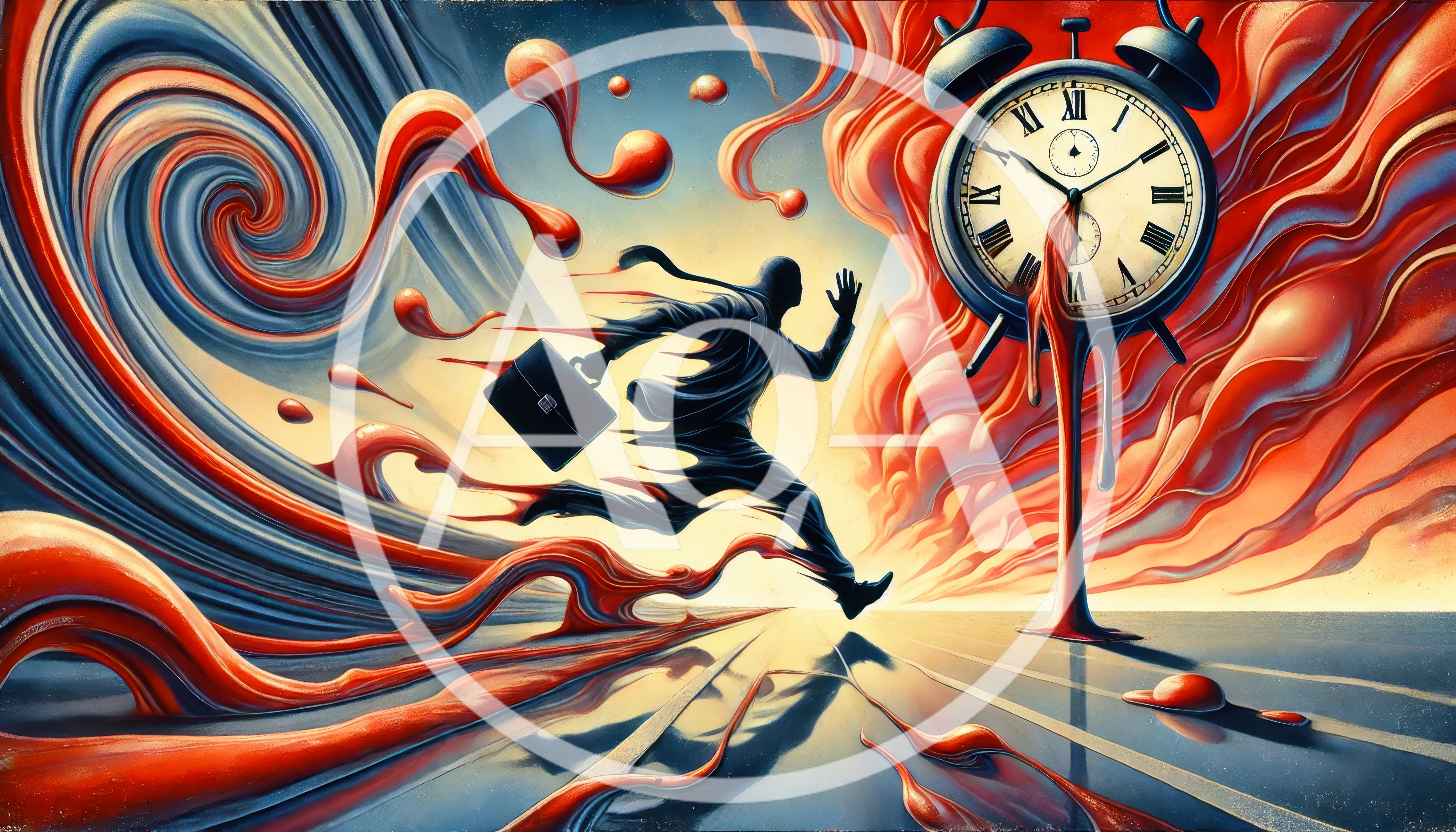 Surreal Businessman Running Toward A Melting Alarm Clock