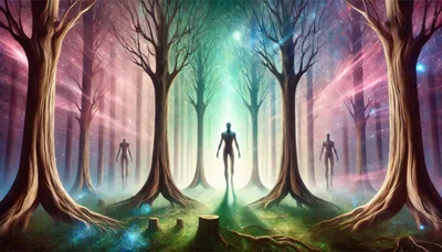 Ethereal Humanoid Figures in a Mystical Glowing Forest