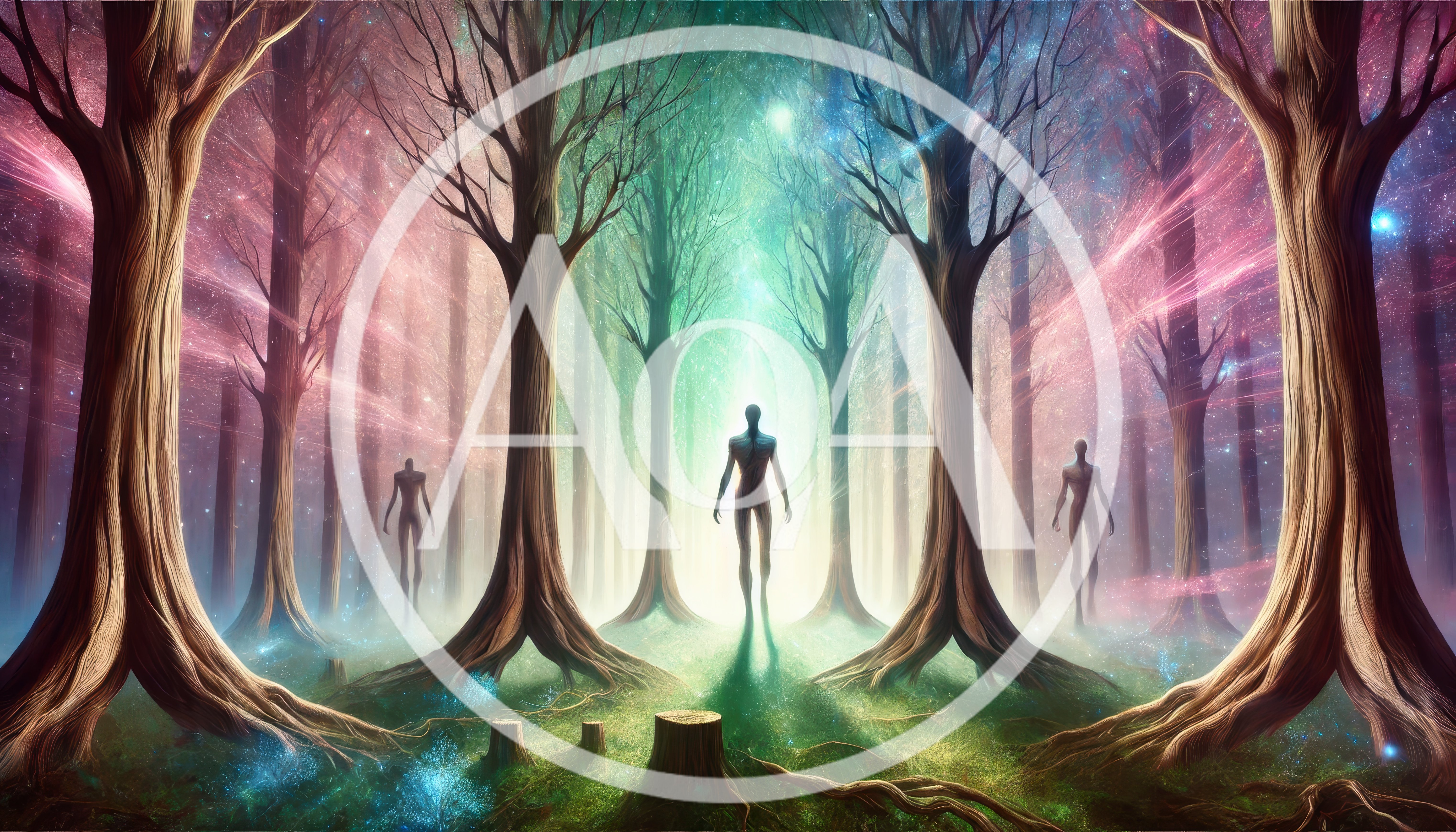Ethereal Humanoid Figures in a Mystical Glowing Forest