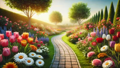 Sunlit Garden Path With Vibrant Spring Flowers