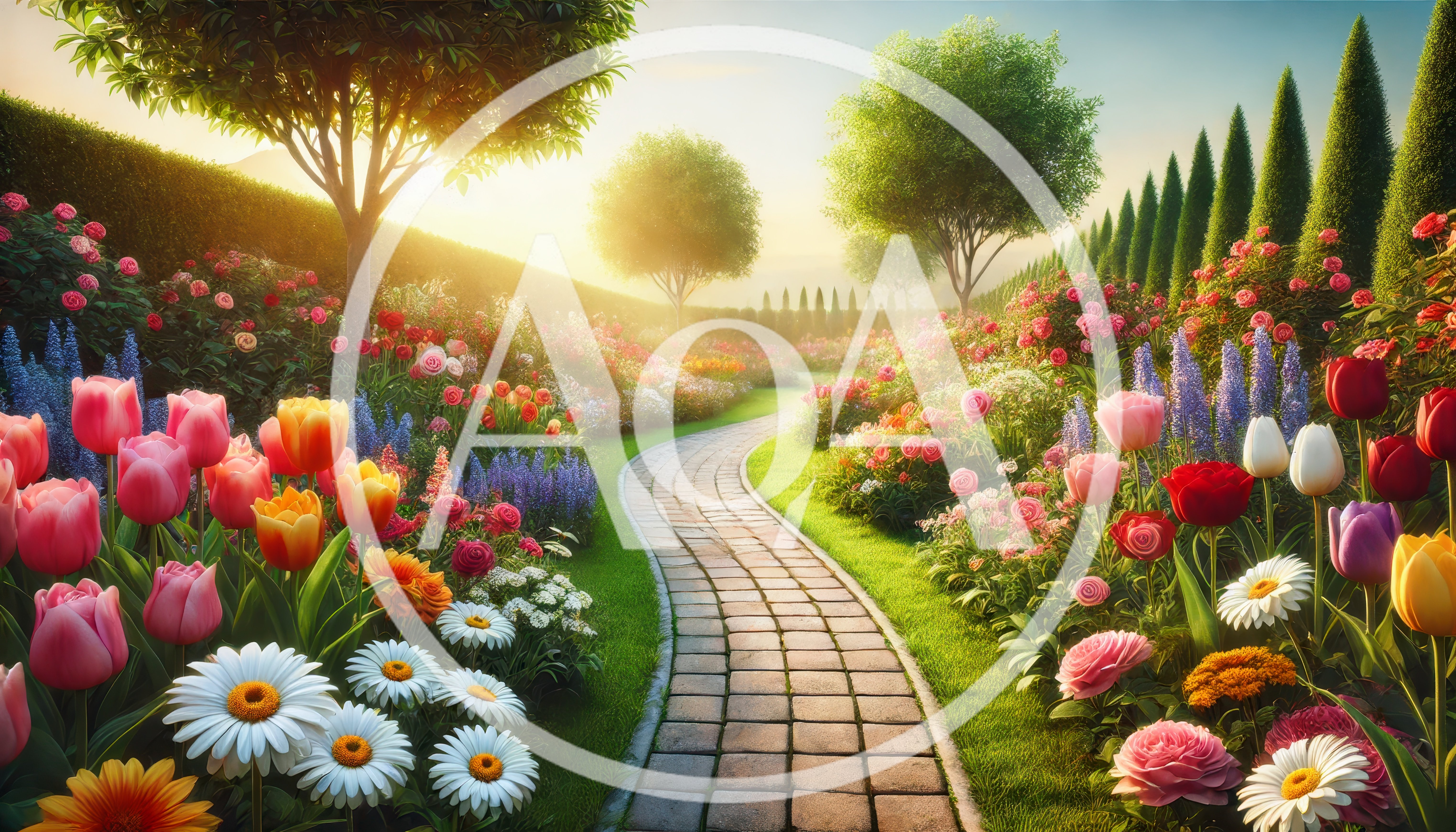 Sunlit Garden Path With Vibrant Spring Flowers