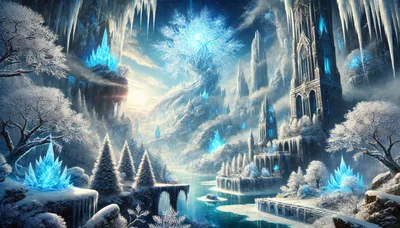 Fantasy Ice Kingdom With Glowing Crystal Tree