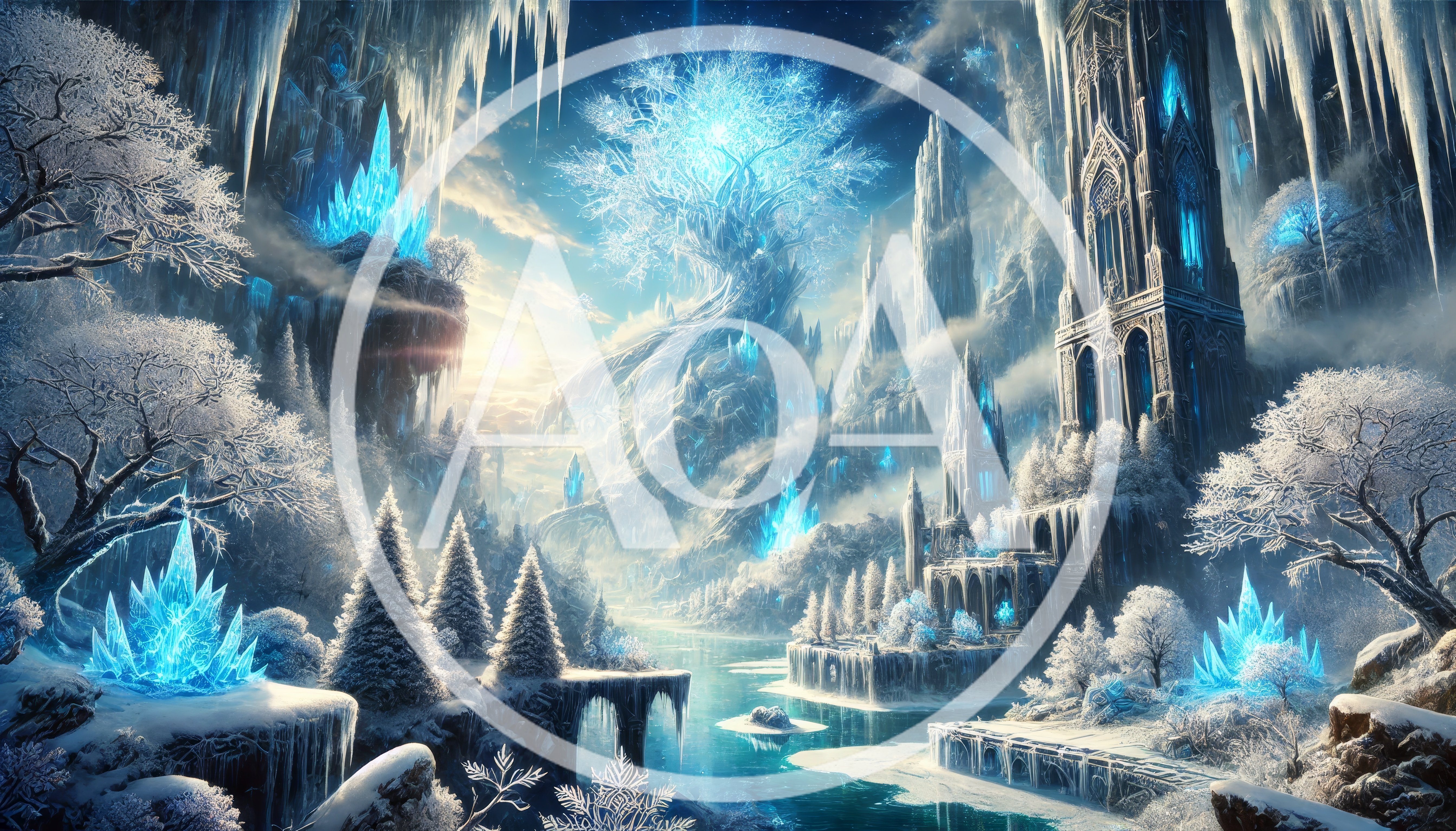 Fantasy Ice Kingdom With Glowing Crystal Tree