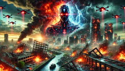 Apocalyptic Cityscape With Giant Robotic Entity And Drones