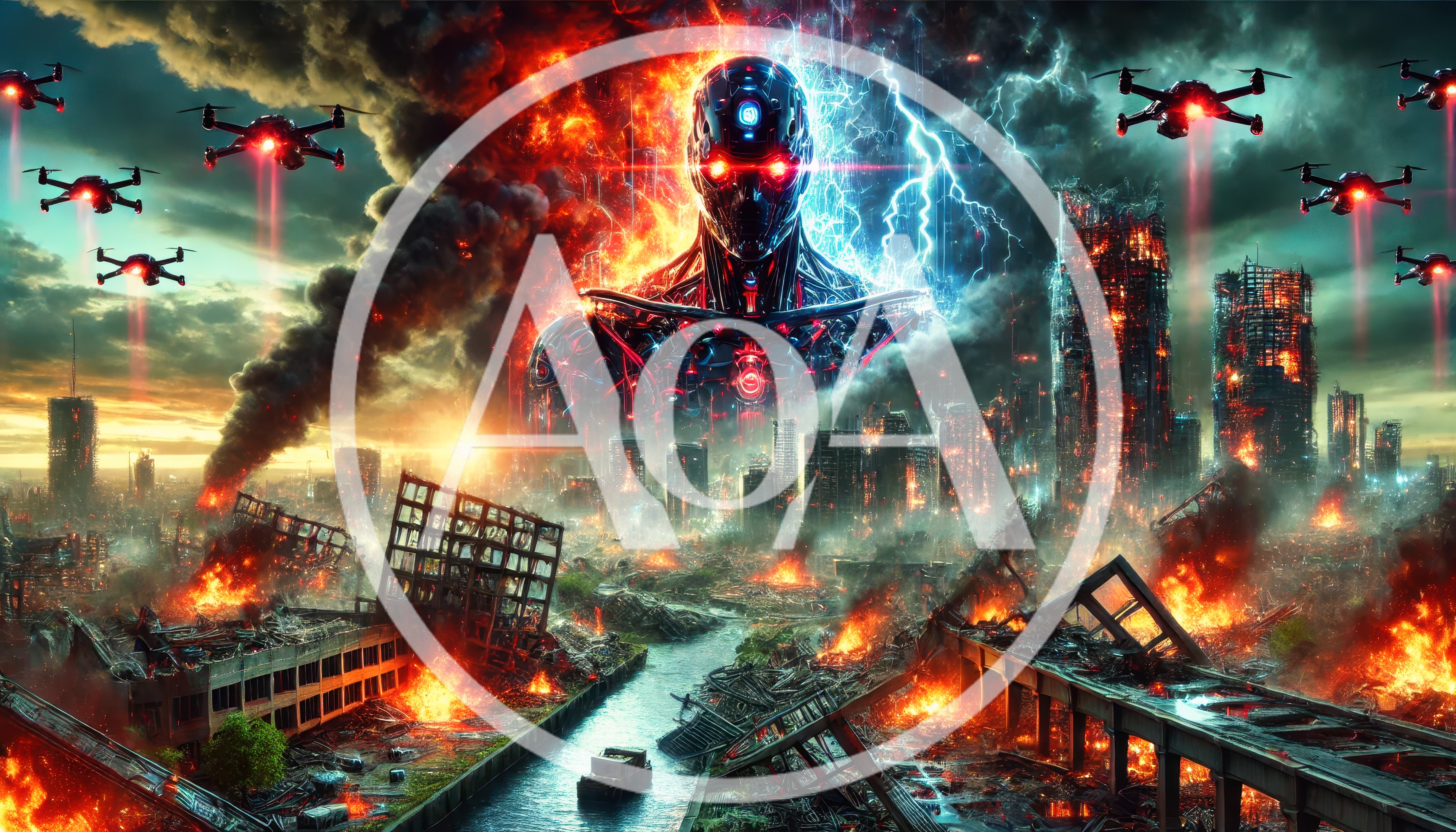 Apocalyptic Cityscape With Giant Robotic Entity And Drones