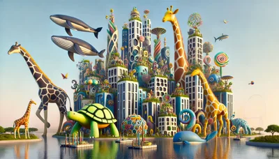 Surreal Fantasy Cityscape With Giant Animals