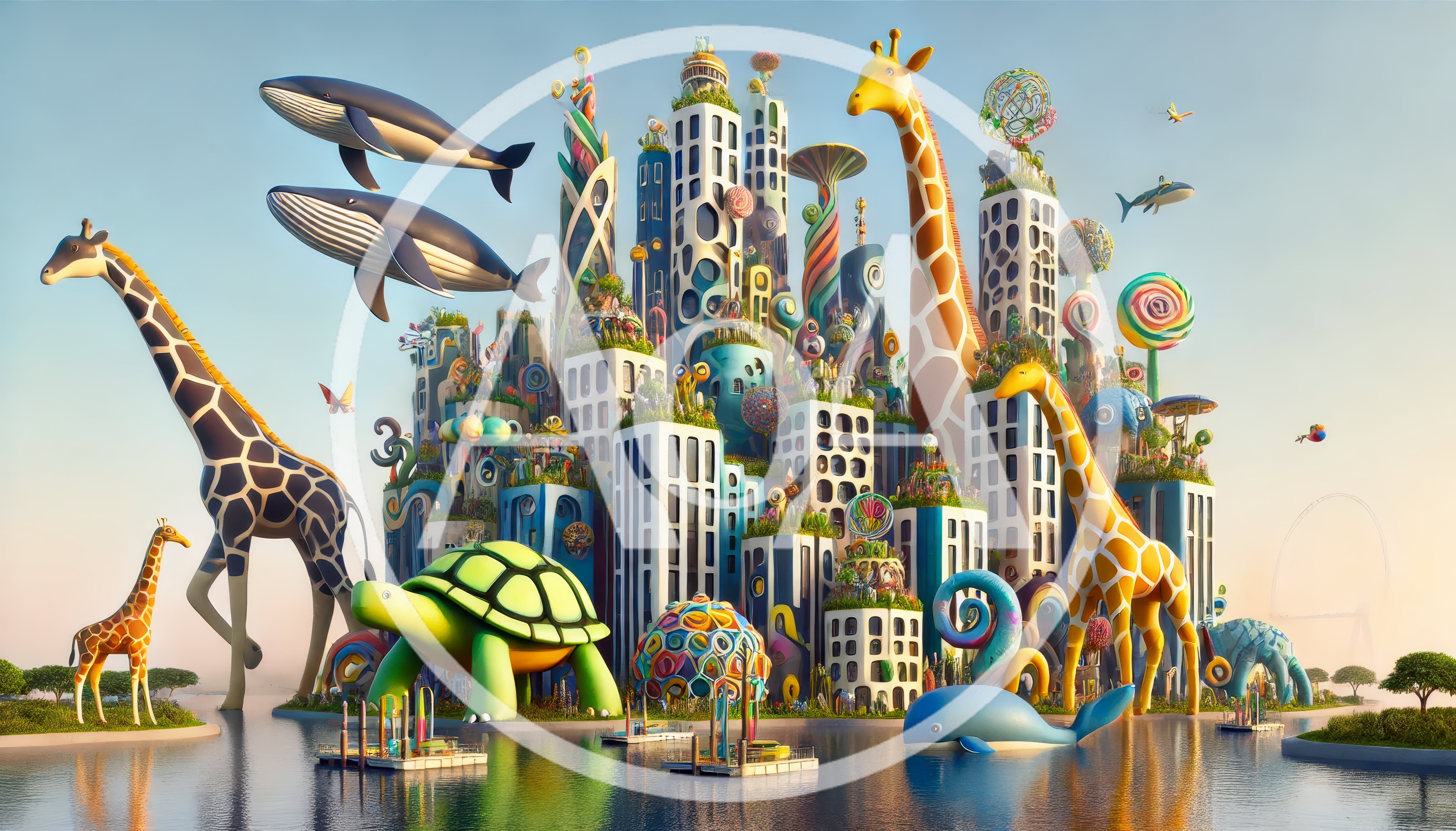 Surreal Fantasy Cityscape With Giant Animals