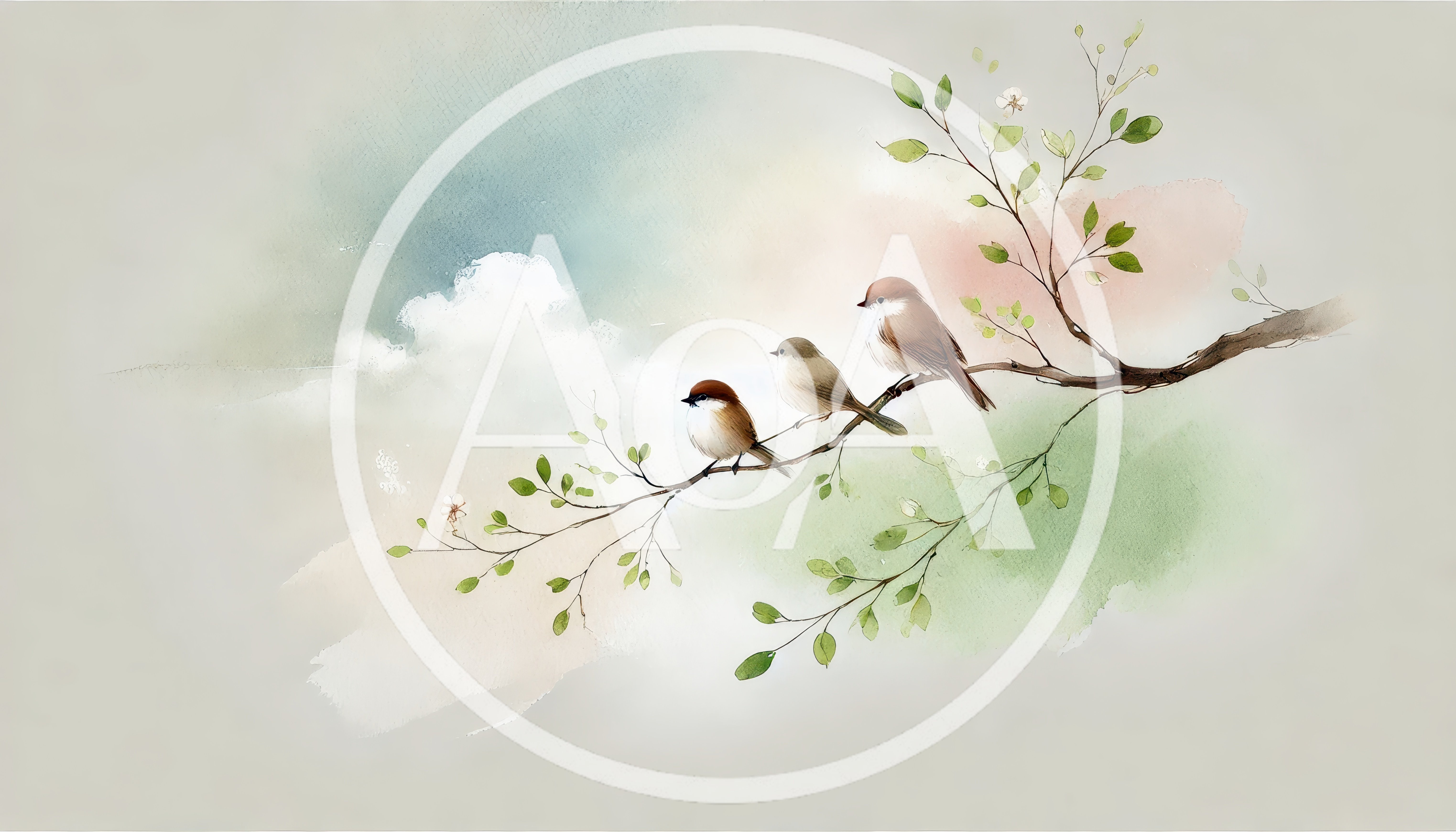Three Small Birds Perched on a Flowering Branch