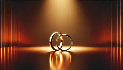Two Golden Wedding Rings On Reflective Surface