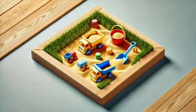 Miniature Sandbox With Toy Trucks And Beach Tools