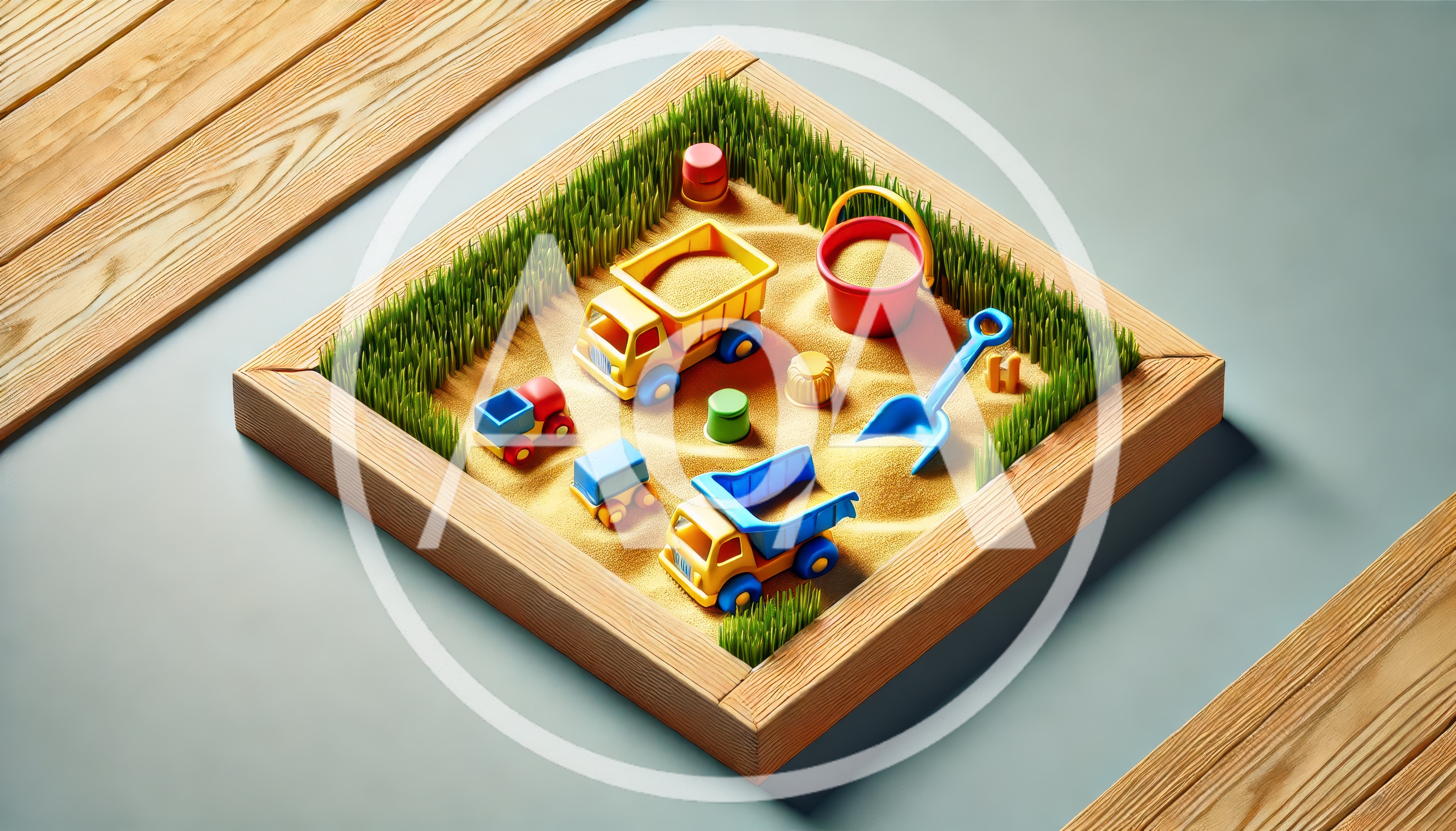 Miniature Sandbox With Toy Trucks And Beach Tools