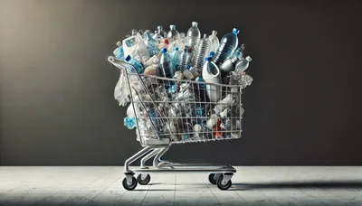 Shopping Cart Overflowing With Plastic Waste