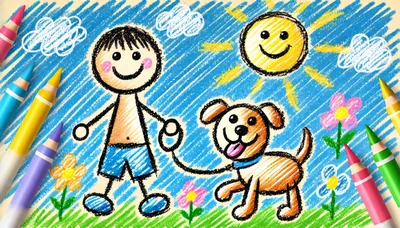 Child Drawing of a Boy Walking His Dog
