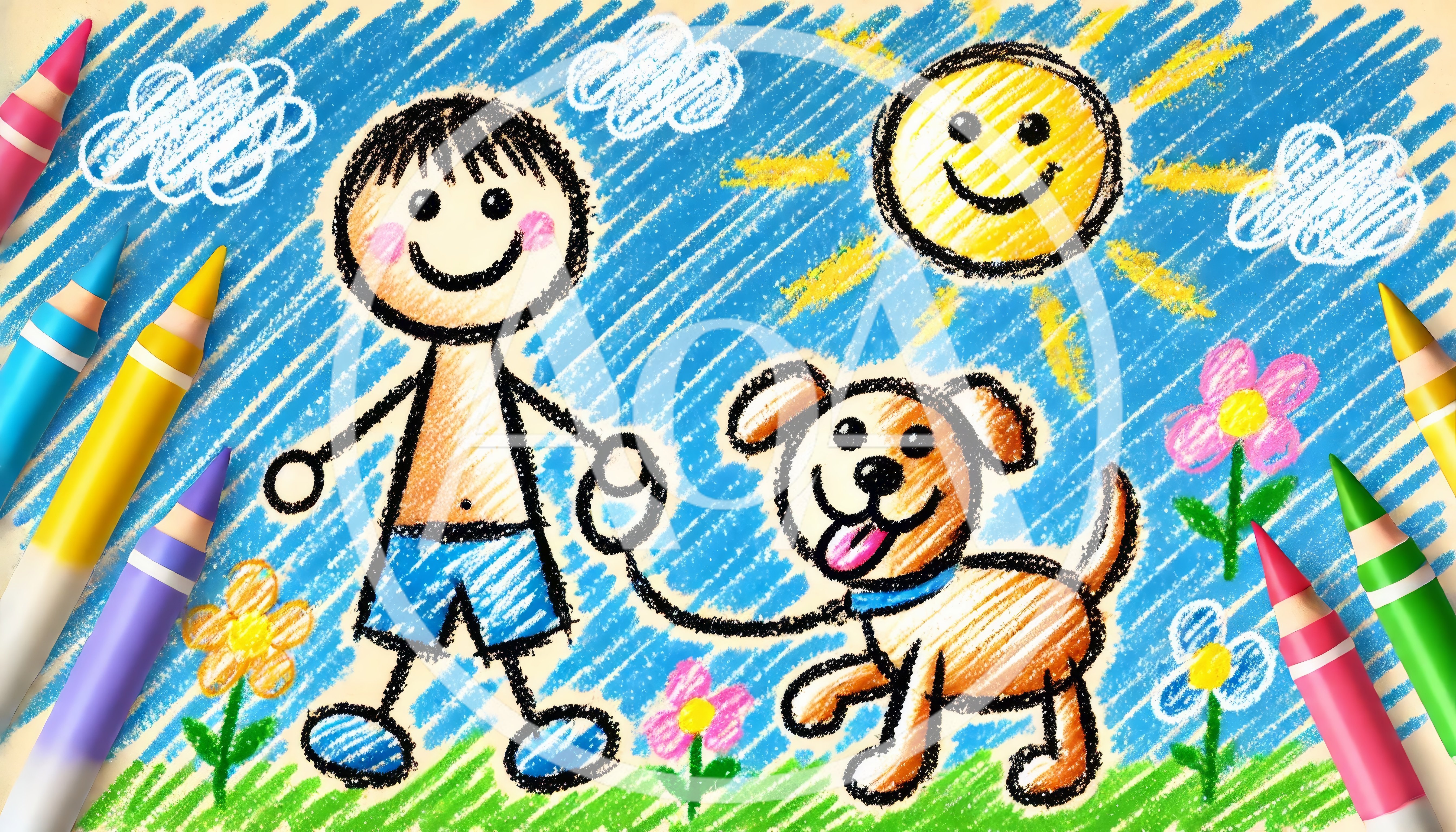 Child Drawing of a Boy Walking His Dog