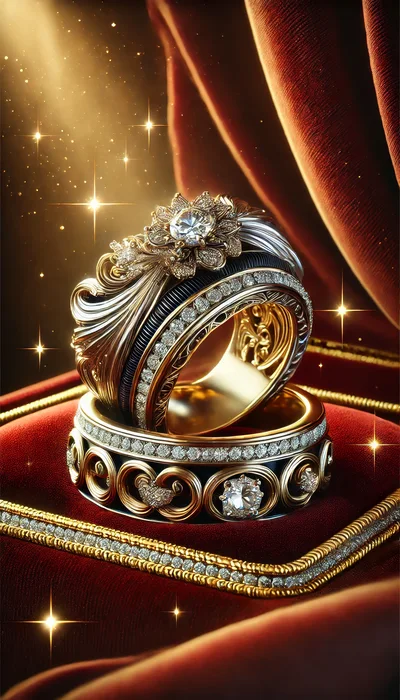 Ornate Gold Wedding Rings on Red Velvet