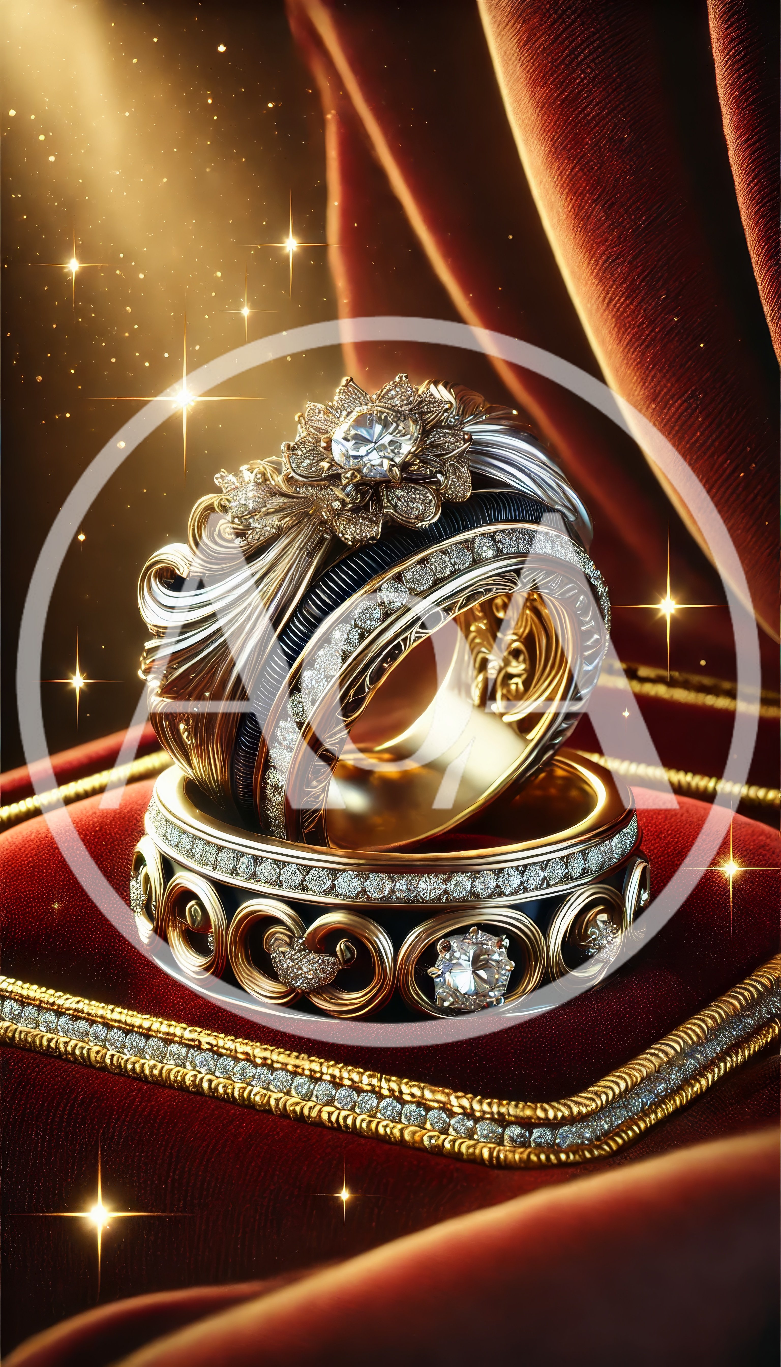 Ornate Gold Wedding Rings on Red Velvet
