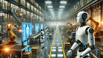 Advanced Humanoid Robots Working In Automated Industrial Factory