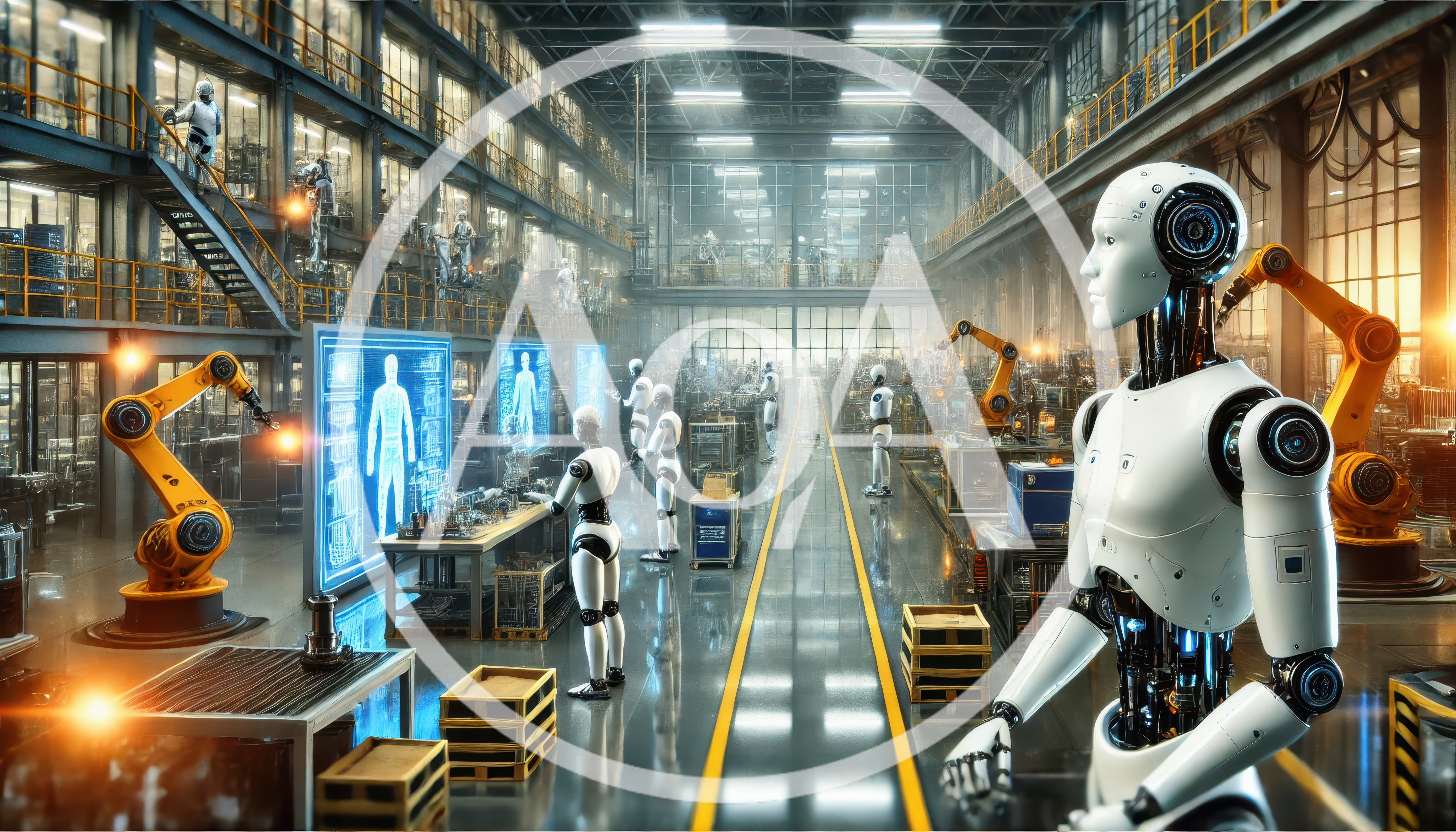 Advanced Humanoid Robots Working In Automated Industrial Factory
