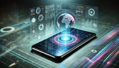 Digital Smartphone Displaying Holographic Global Data Visualization