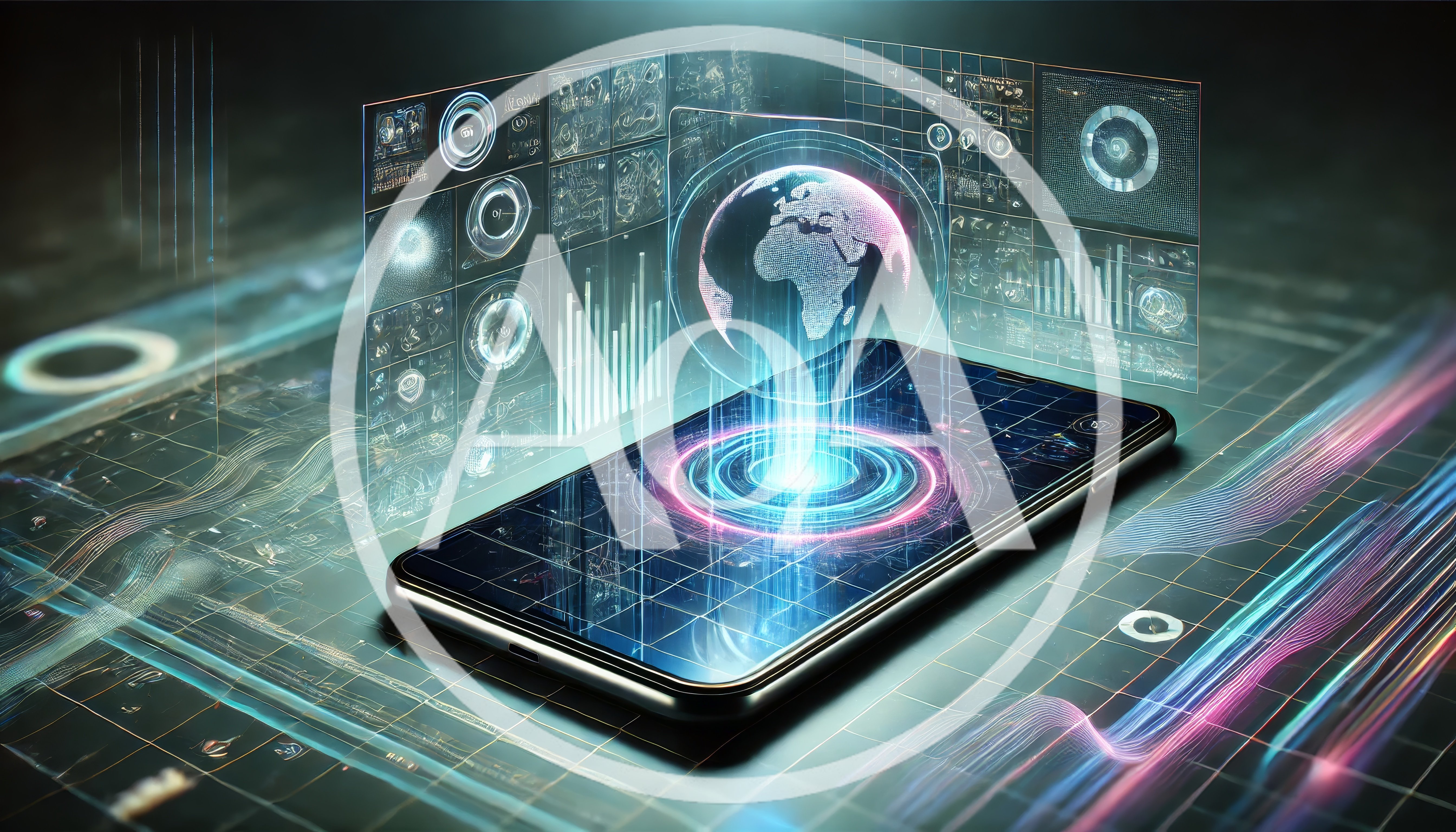 Digital Smartphone Displaying Holographic Global Data Visualization