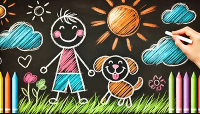 Child Drawing A Happy Boy And Dog On Chalkboard