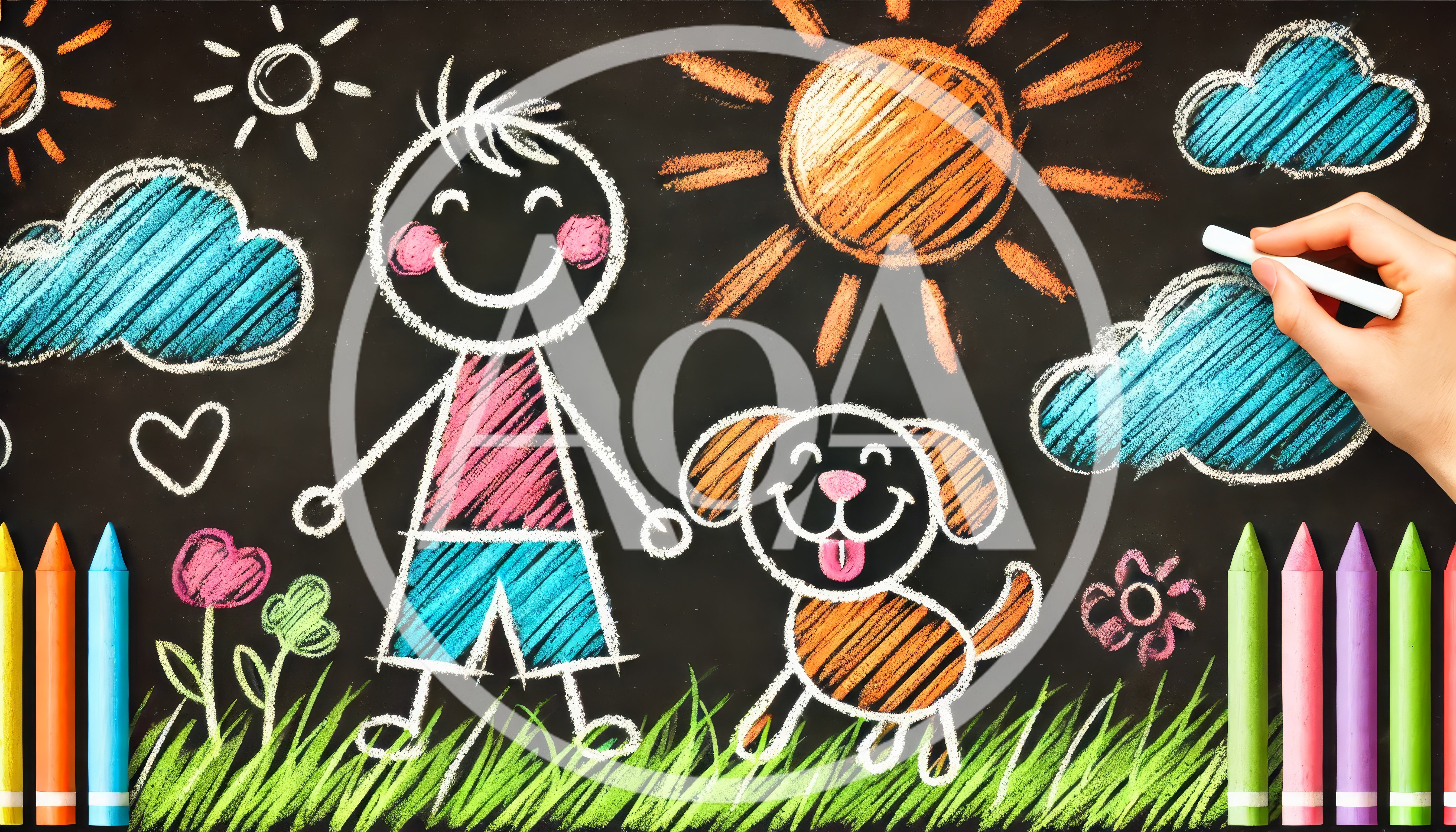 Child Drawing A Happy Boy And Dog On Chalkboard