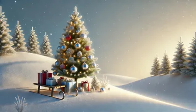 Decorated Christmas Tree With Gifts On A Snowy Hill
