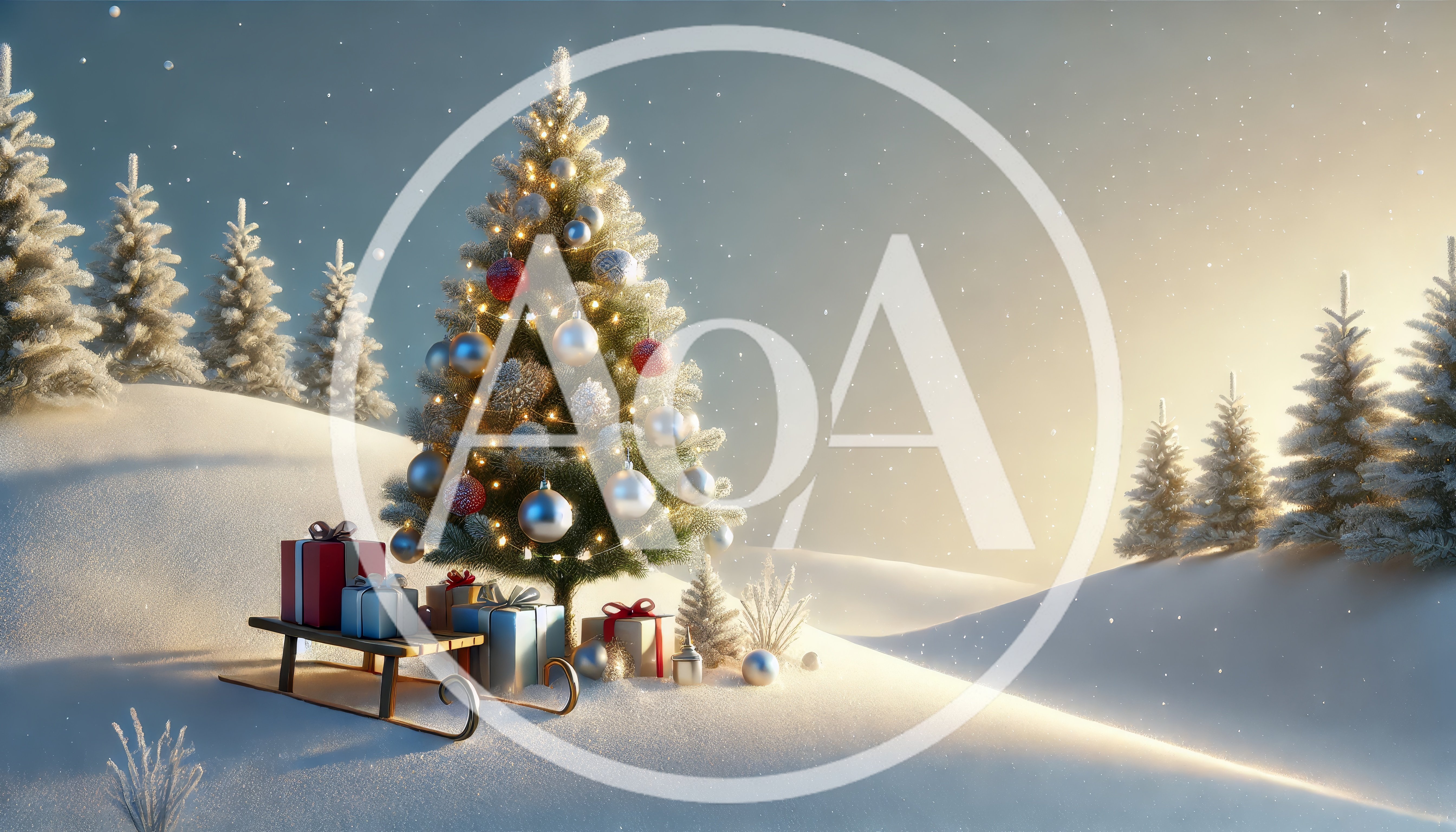 Decorated Christmas Tree With Gifts On A Snowy Hill