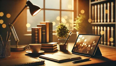 Cozy Home Office Desk With Tablet And Books