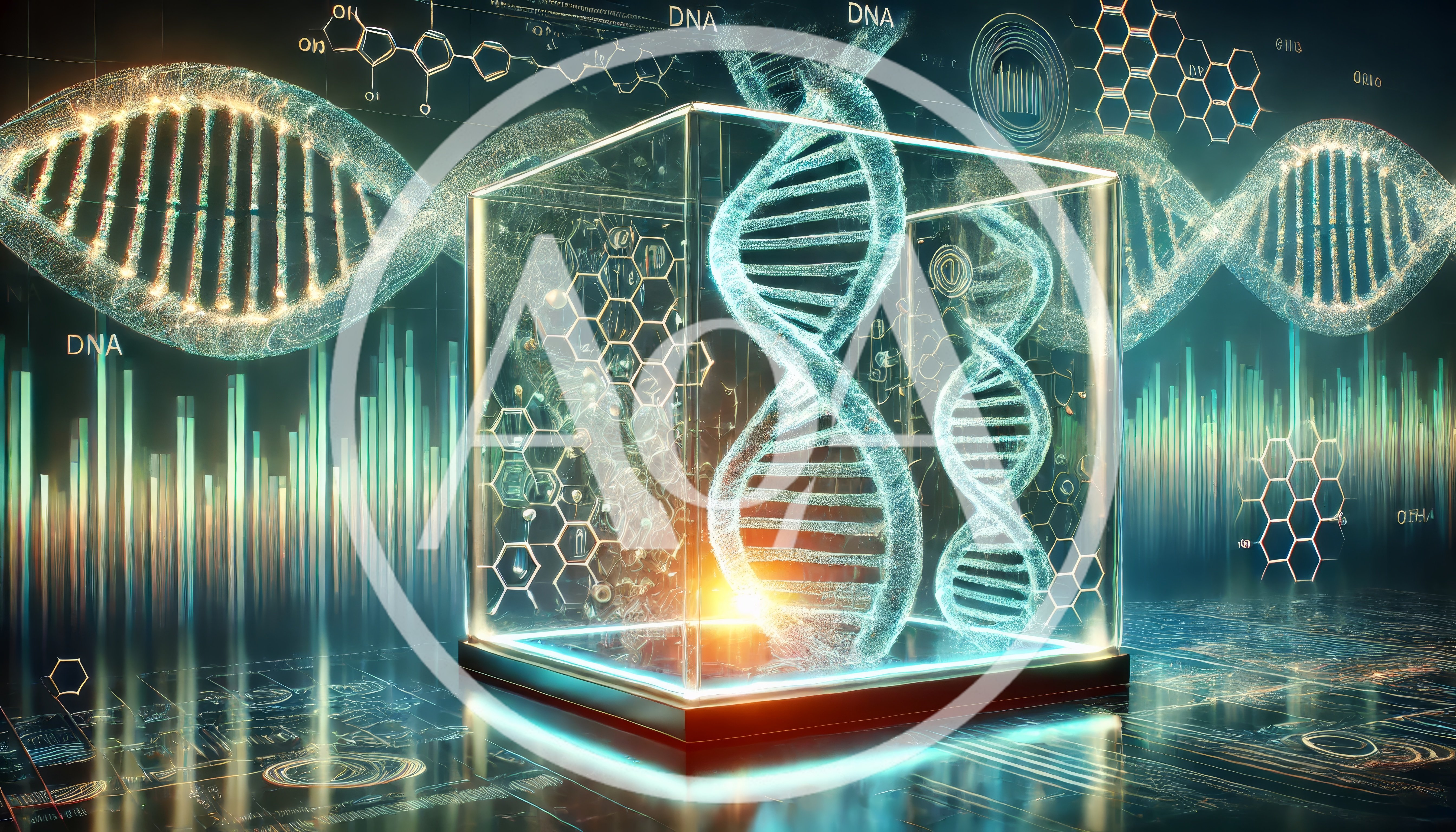 Digital DNA Helix Inside A Glass Cube