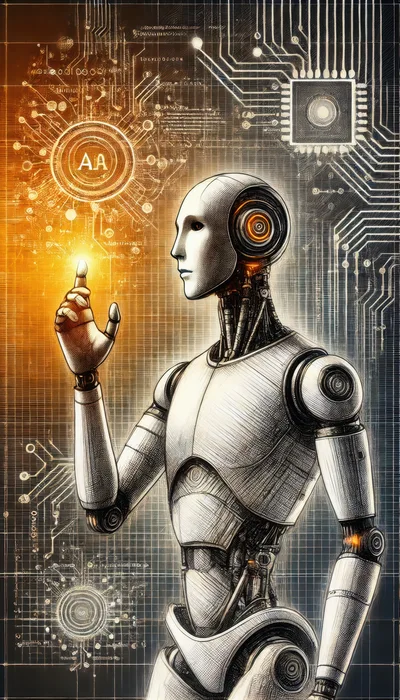 Futuristic Android Robot Interacting With Digital Circuitry
