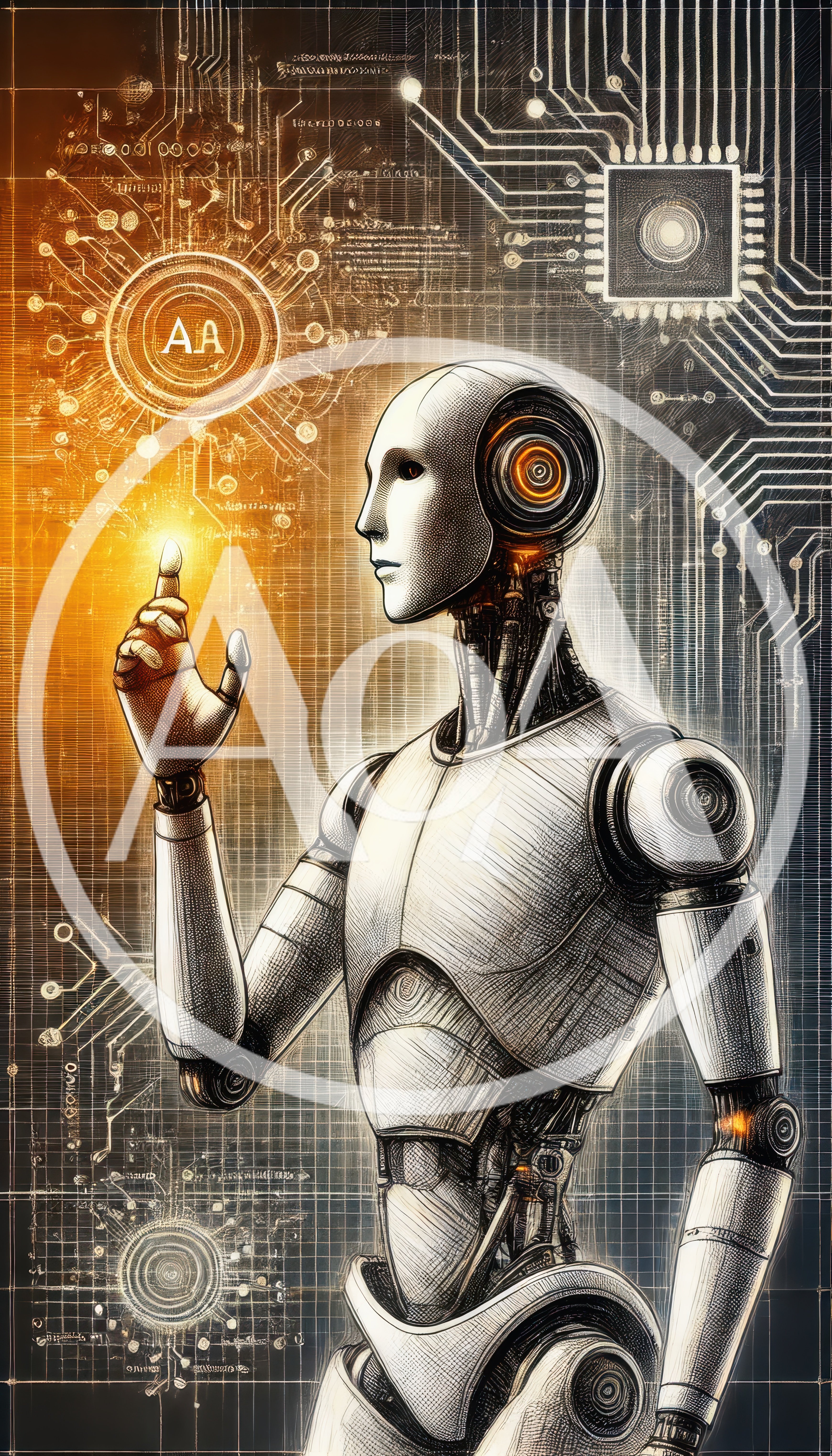 Futuristic Android Robot Interacting With Digital Circuitry