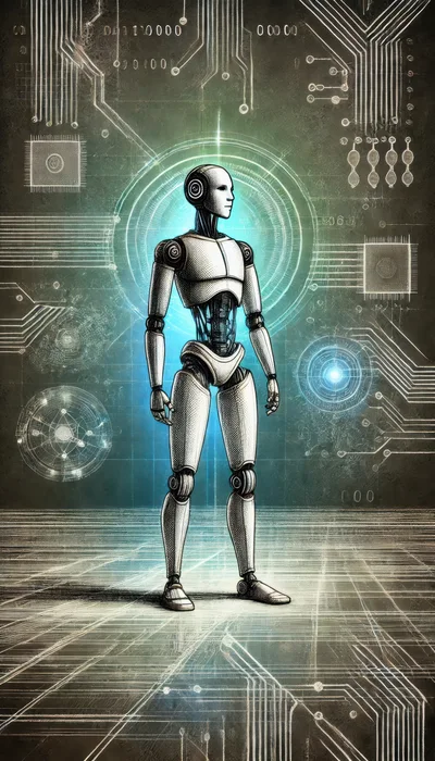 Futuristic Humanoid Robot Standing In Digital Circuit Environment