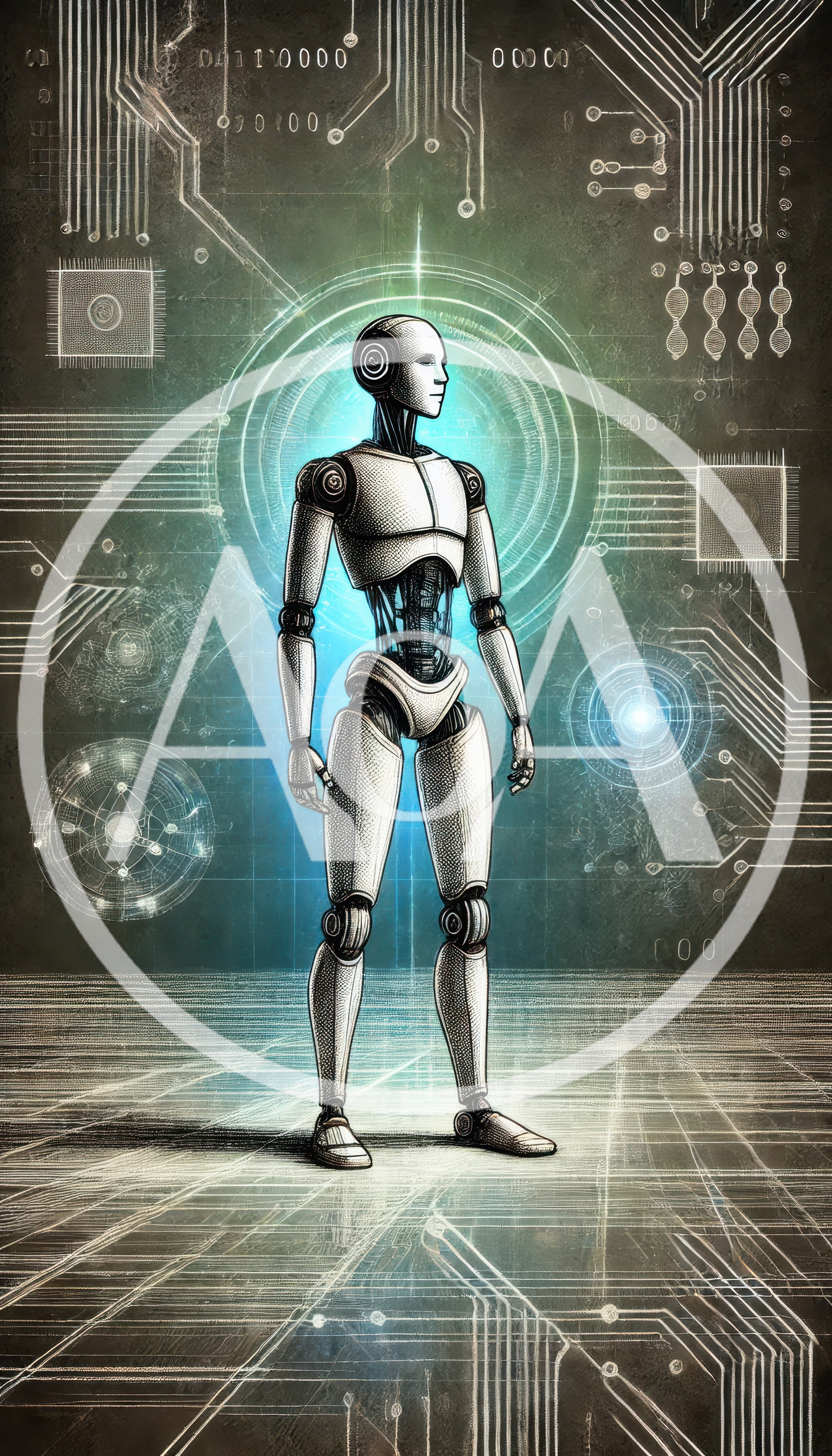 Futuristic Humanoid Robot Standing In Digital Circuit Environment